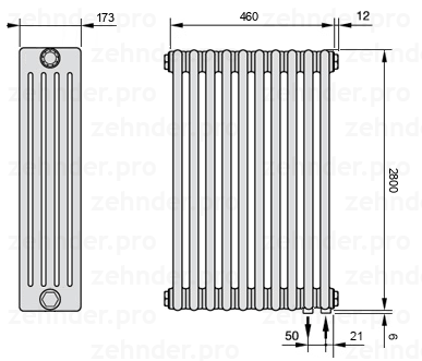 Схема (чертеж) Радиатор Zehnder Charleston 5280/10 №5510 Белый глянцевый RAL 9016